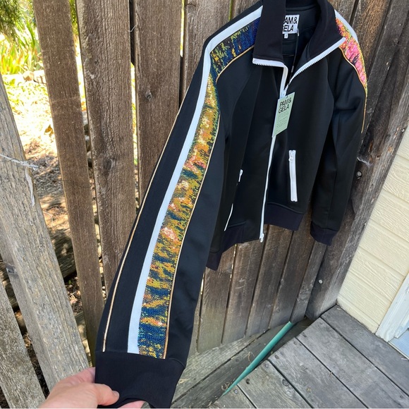 Pam & Gela Wm’s Sequined Stripe Zip Track Jacket In Black NWT Sz 0/XS - Picture 3 of 14